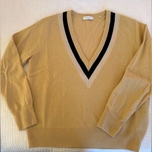Sandro Camel V-Neck Sweater with Contrast Trim